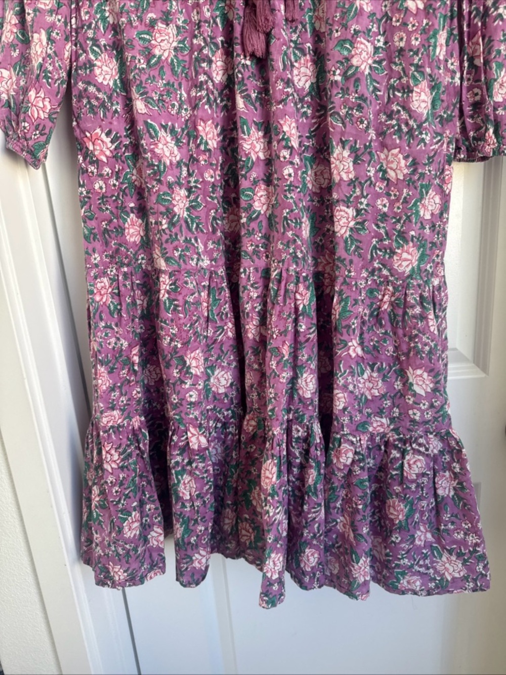 Mille Astrid Floral Cotton Purple Rose Midi Dress Ruffle Boho Size Large - Picture 5 of 7